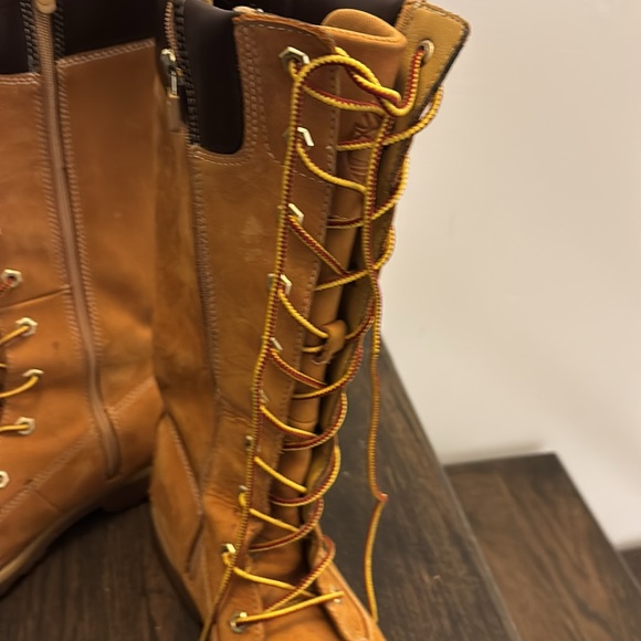 Timberland tall buckskin boots, wheat color, dark brown top, side zip, size 6 - Picture 3 of 10